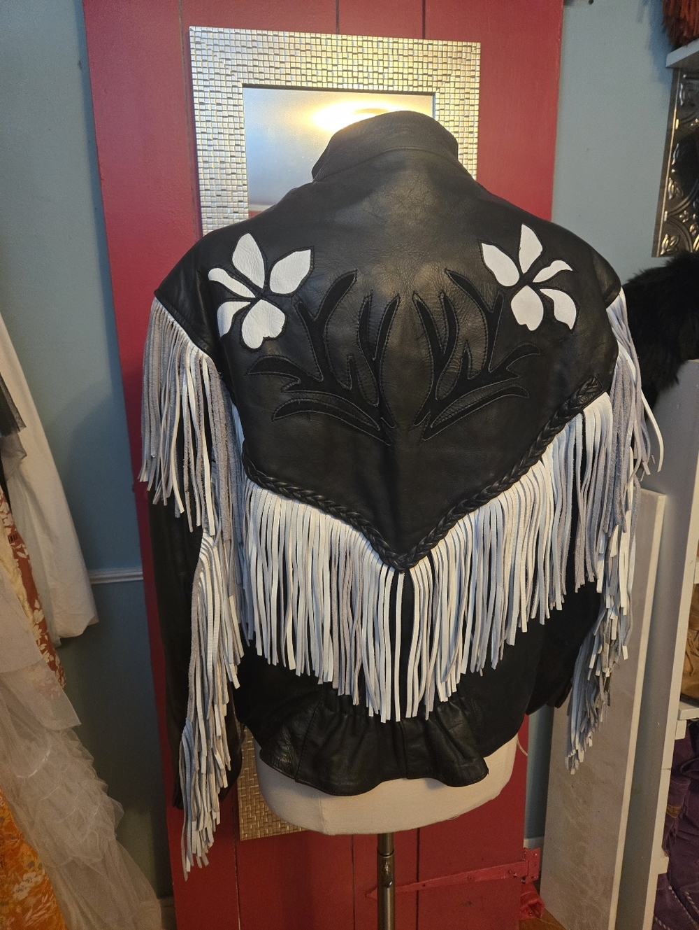 Fringed Black Leather Jacket with White Accents - Picture 2 of 5